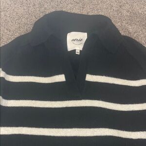 Aerie women’s Striped Black and White Collarded vneck Sweater